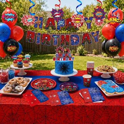 103pcs Spider Web Birthday Party Decorations Supplies, 10 Guests Spider Web Party Tableware Including Spider Balloons Cake Topper Banner Plates Spiral Pendant Cupcake Toppers etc Spider Party Supplies