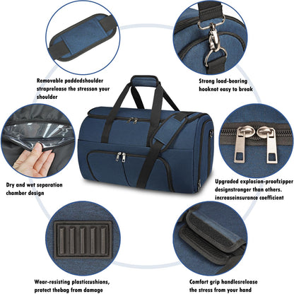 Pucuwu Garment Bags for Travel - Large Suit Bag for Men Carry On Garment Bag, Convertible Garment Duffle Bag with Shoes Compartment, 2 in 1 Hanging Dress Suitcase Suit Travel Bags (Dark Blue)