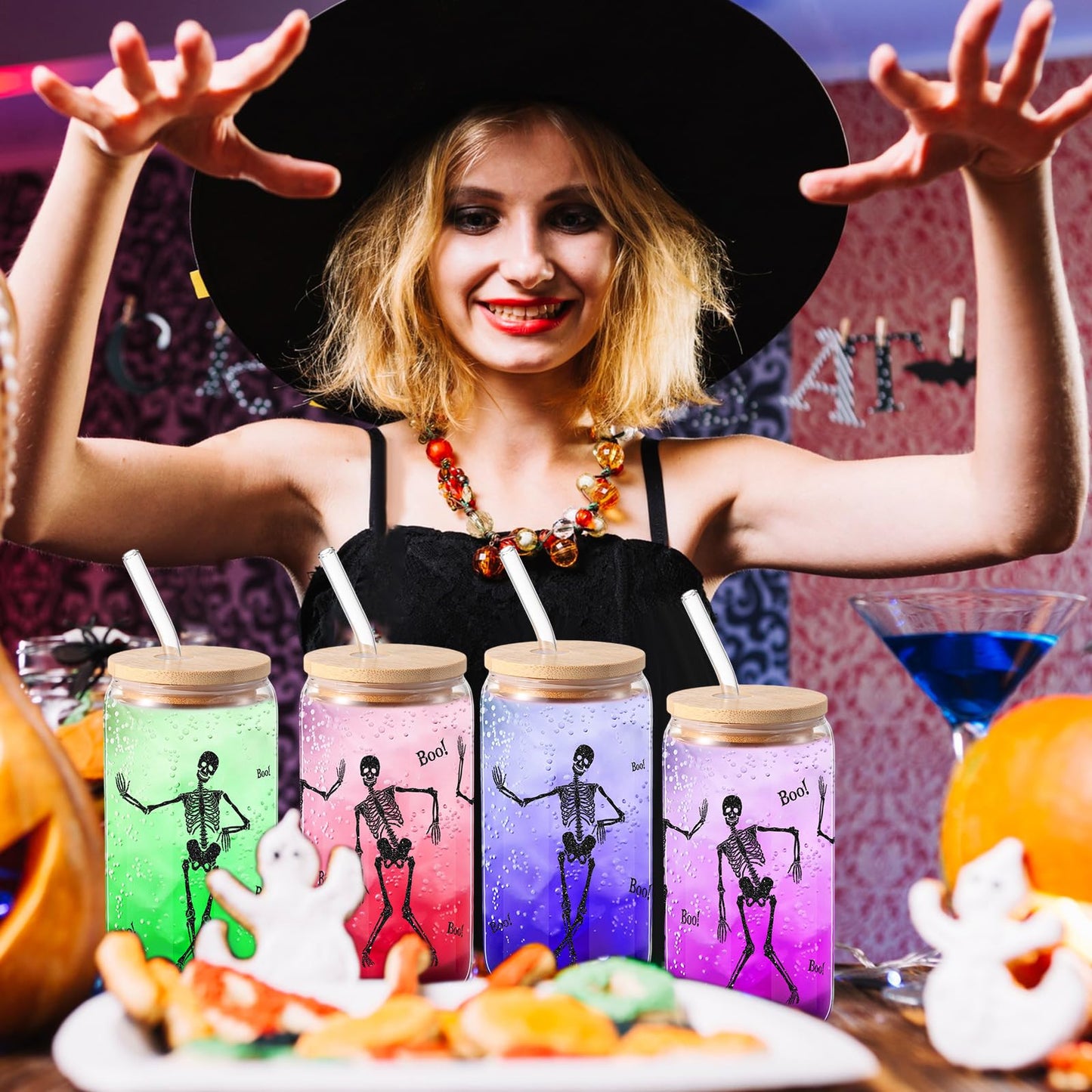 Zhehao Set of 2 16 oz Summer Halloween Skeleton Glass Cups with Lids Straws and Cleaning Brush, Skeleton Iced Coffee Cup Drinking Glasses Tumbler for Halloween Gifts Boo Basket Stuffers
