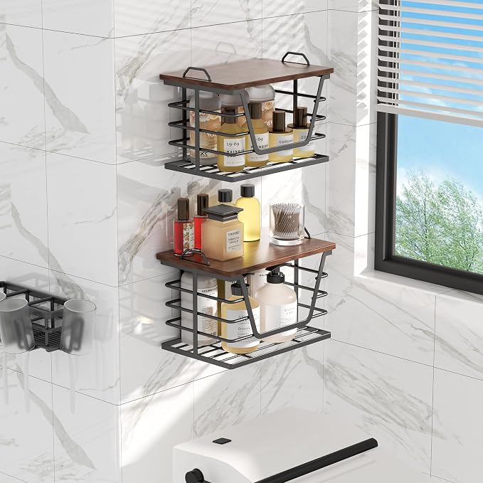 2 Pack Stackable Trash Bag Holders with Wood Top, Large & Small Garbage Bag Dispenser for Kitchen, Pantry, Laundry Room Organization, Wall Mount or Countertop Use, Black