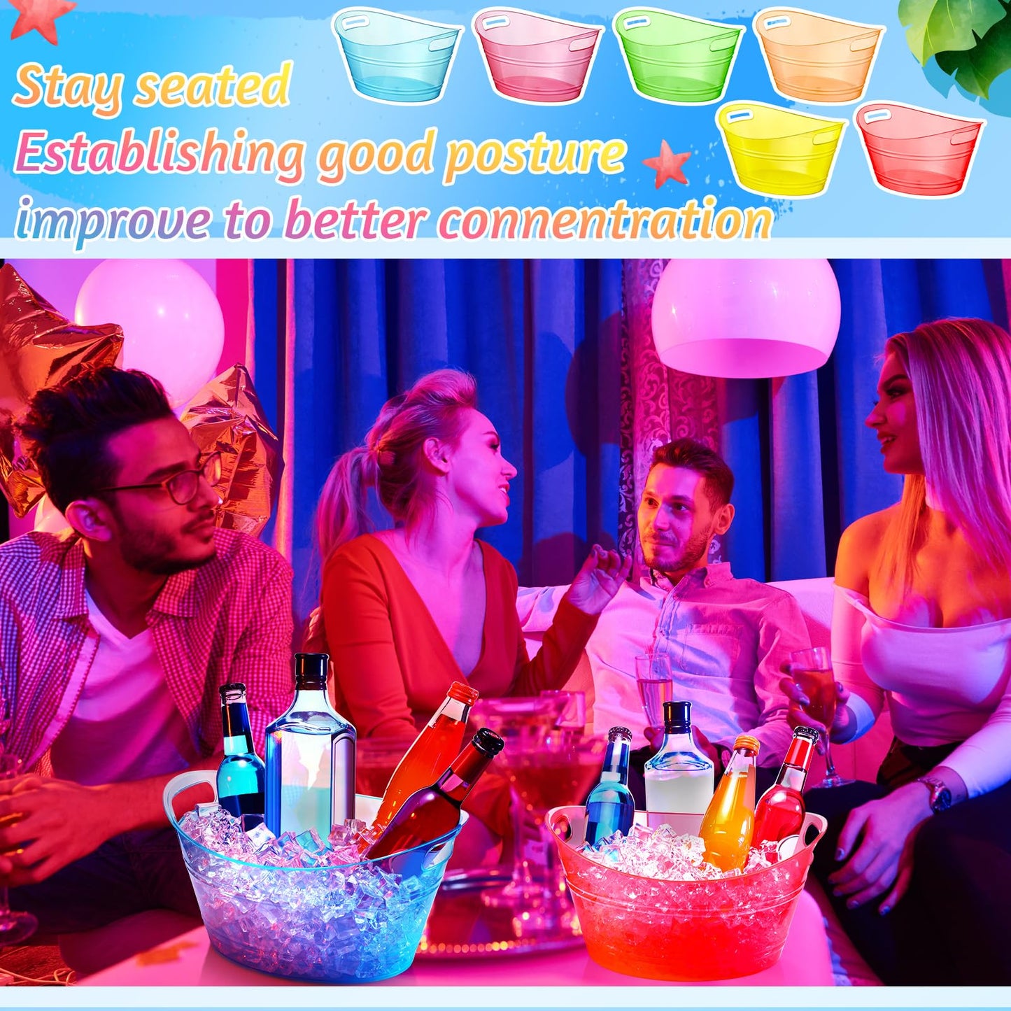 meekoo 6 Pcs Plastic Ice Buckets Bulk with Handles 4.5L Oval Storage Tub Large Capacity Ice Drink Bucket for Easter Summer Party Bar Wine Beer Champagne Beverage Bottle Cooler(4.5 L,Multicolor)