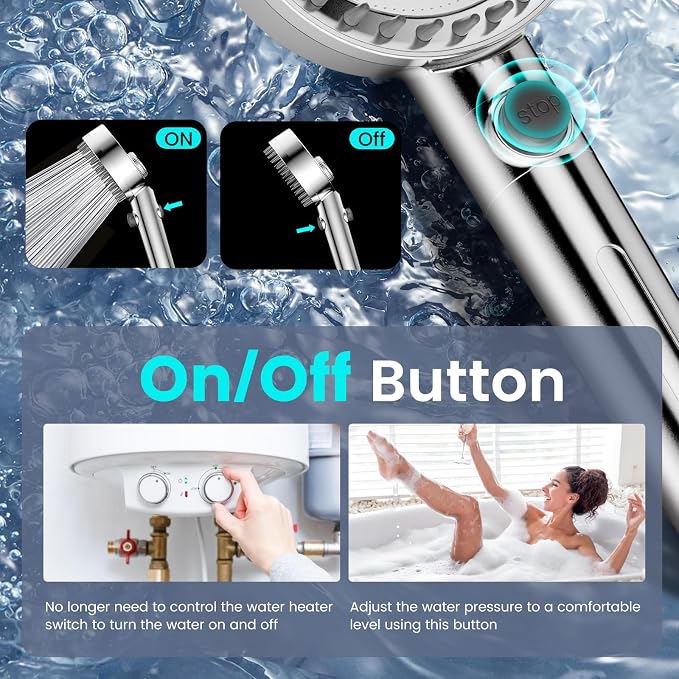 PWERAN Filtered Shower Head with Handheld, High Pressure 4 Spray Mode Showerhead with Filters, Water Softener Beads for Hard Water with ON/OFF Switch for Pets - Remove Chlorine (Chrome, 5 Inch Panel)