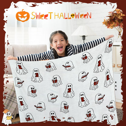 SmoothNovelty Easter Day Halloween Ghost Reading Book Blanket 50 x 60 Inches Soft Knit Throw with Ghosts Reading Book Pattern Halloween Easter Decoration Gift for Living Room Couch Sofa Bed
