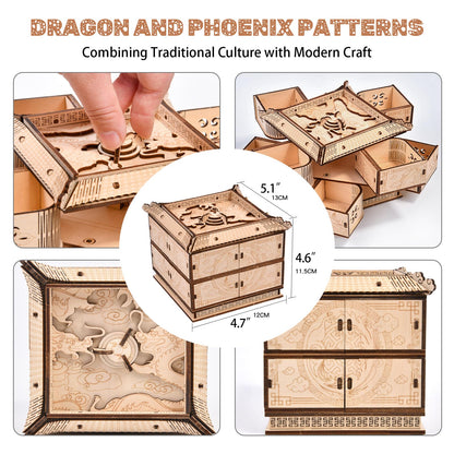 3D Wooden Puzzles for Adults - Mechanical Dragon Treasure Chest Model Kit, DIY Engineering Project, Unique Gift for Women, Collectible Art and Home Display