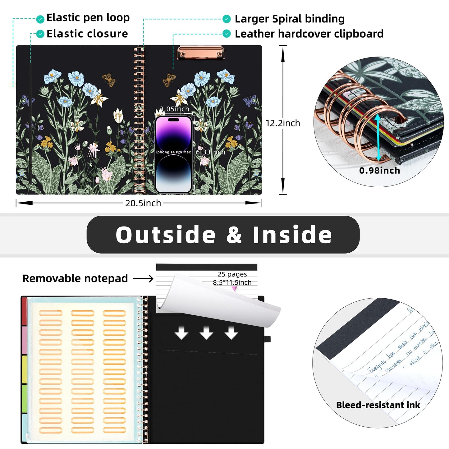Ospelelf Foldable Spiral Clipboard Folio with with Storage Zipper Pouch, Leather Clipboard Folder with Notepad, 5 Plastic Folders with 10 Pockets, 39 Divider Label Stickers, Pen Loop Series (Bushes)