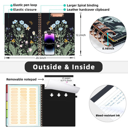 Ospelelf Foldable Spiral Clipboard Folio with with Storage Zipper Pouch, Leather Clipboard Folder with Notepad, 5 Plastic Folders with 10 Pockets, 39 Divider Label Stickers, Pen Loop Series (Bushes)