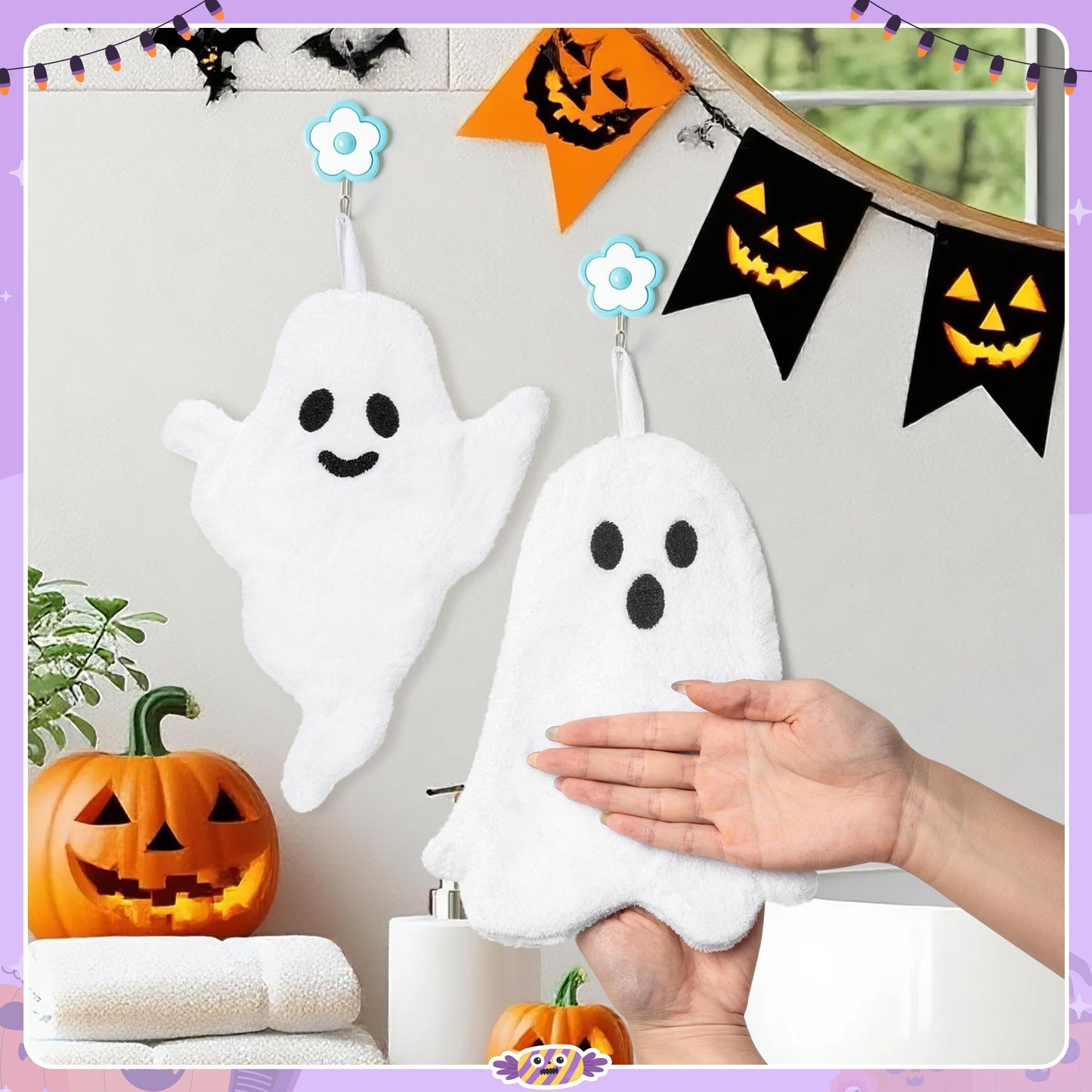 R HORSE Halloween Hand Towels - 3Pcs Halloween White Ghost Bathroom Towels with Hanging Loop Absorbent Coral Fleece Bathroom Hand Towel Soft Thick Dish Cloth for Kitchen Home Decors Holiday Party Gift