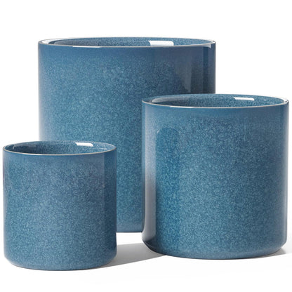 LE TAUCI Ceramic Pots for Plants, 10/8/6 Inch Indoor Planters with Draiange Hole, Silicone Plug & Mesh Pad, Modern Minimalist Pots for Home Office, Set of 3, Glossy, Harbor Blue