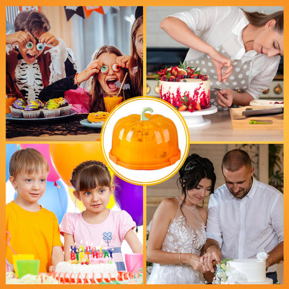 Zhehao 10 Inch Fall Cake Carrier Holds, Pumpkin Cake Stand with Lid and Handle, Halloween Autumn Harvest Plastic Transport Storage Container, Suitable for Transporting Pies, Cupcakes and More(Orange)
