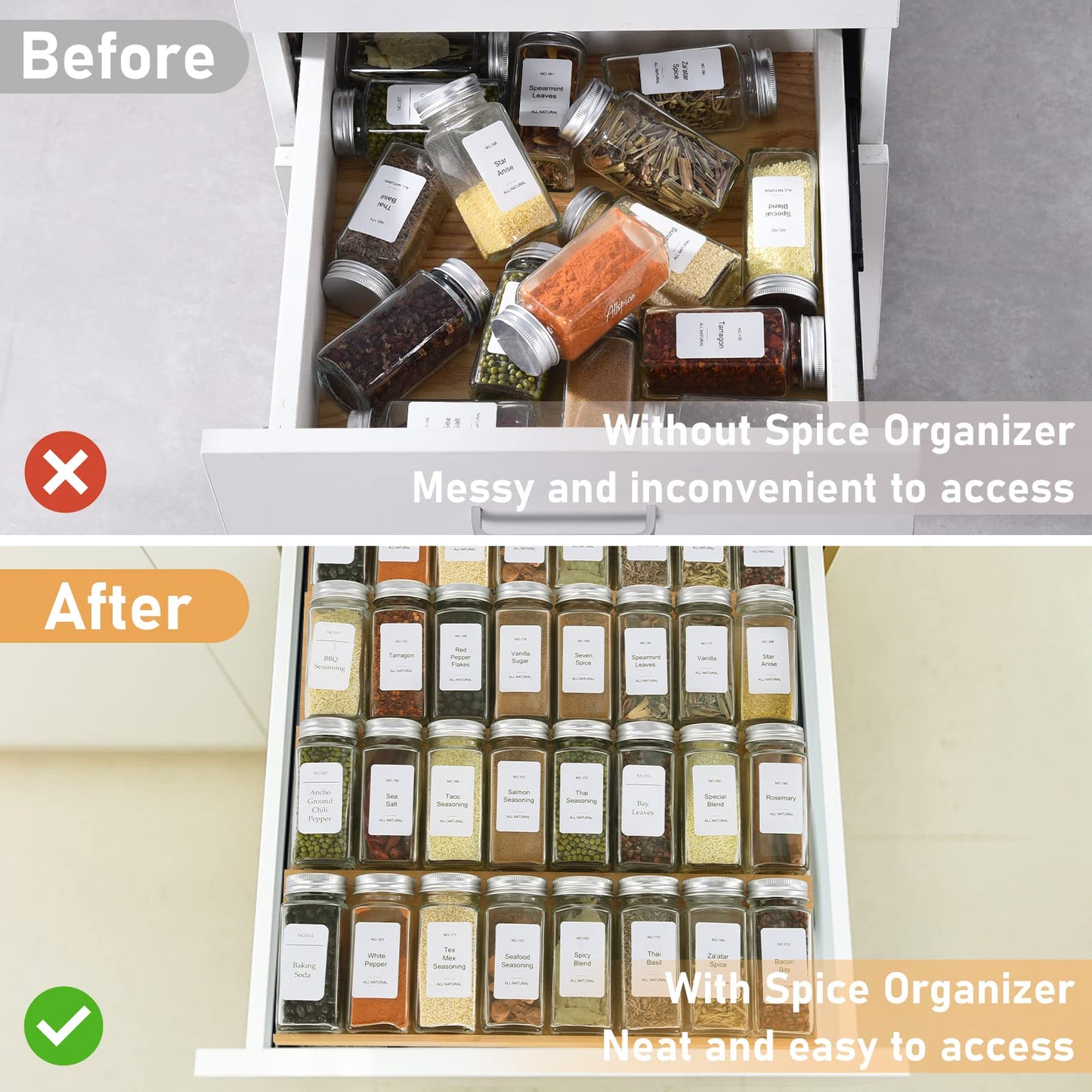 KitHero Spice Drawer Organizer with 28 Spice Jars and 216 Labels,Non-slip Rubber, Bamboo 4 Tier Spice Racks Tray Seasoning Containers for Kitchen Drawers,Cabinets,Countertops,13" Wide * 15.8" Deep