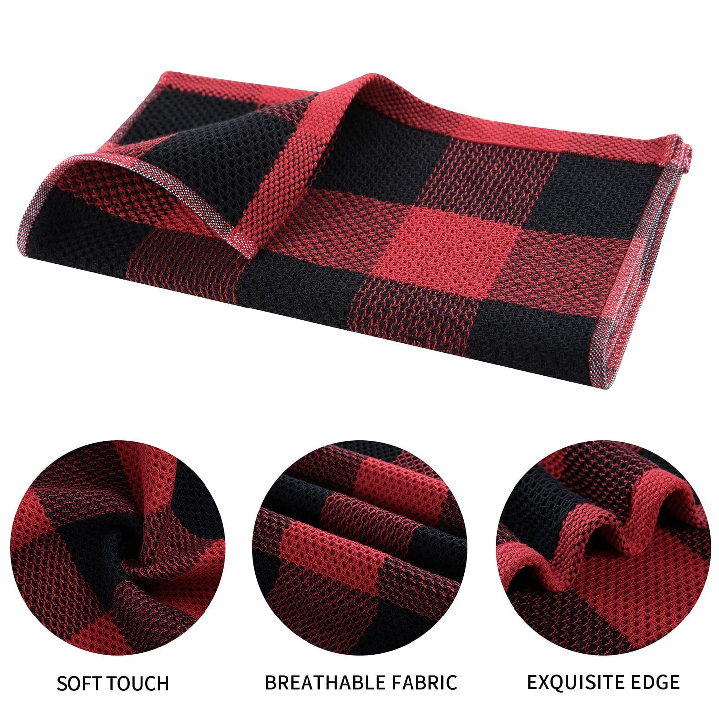 Mordimy 100% Cotton Waffle Weave Kitchen Towels, 13 x 28 Inches, Super Soft and Absorbent Buffalo Check Dish Towels for Drying Dishes, 4-Pack, Black & Red