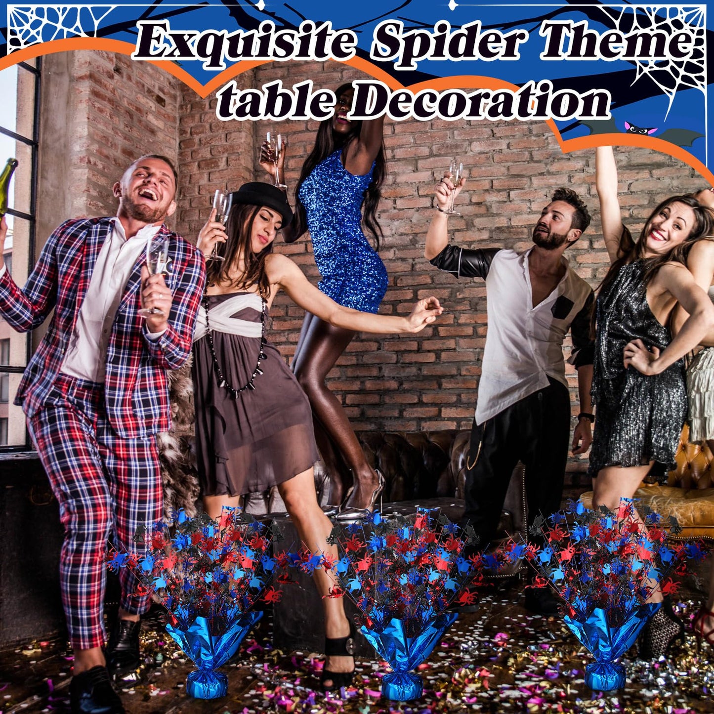 Amyhill 3 Pcs Halloween Spider Party Centerpiece Red Blue and Black Spider Birthday Party Favor Decoration Flash Foil Spray Table Centerpiece Red and Blue Decor for Hero Themed Table Decorations