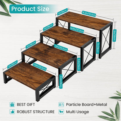 ELITEROO Wood Risers Display Stands Set of 4, Wooden 4 Tier Cupcake Stand, Tiered Riser for Vendors, Decorative Display Risers for Food Desserts Buffet Table at Party Wedding, Rustic Brown