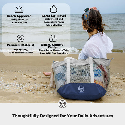STOVER Extra Large Mesh Nylon Beach Bag, Vacation, Pool, Shopping, Toy, & Travel Tote - Foldable w/Storage Pouch & Pockets for Women, Men & Families - Heavy-Duty and Water-Resistant (Coastal Grey)