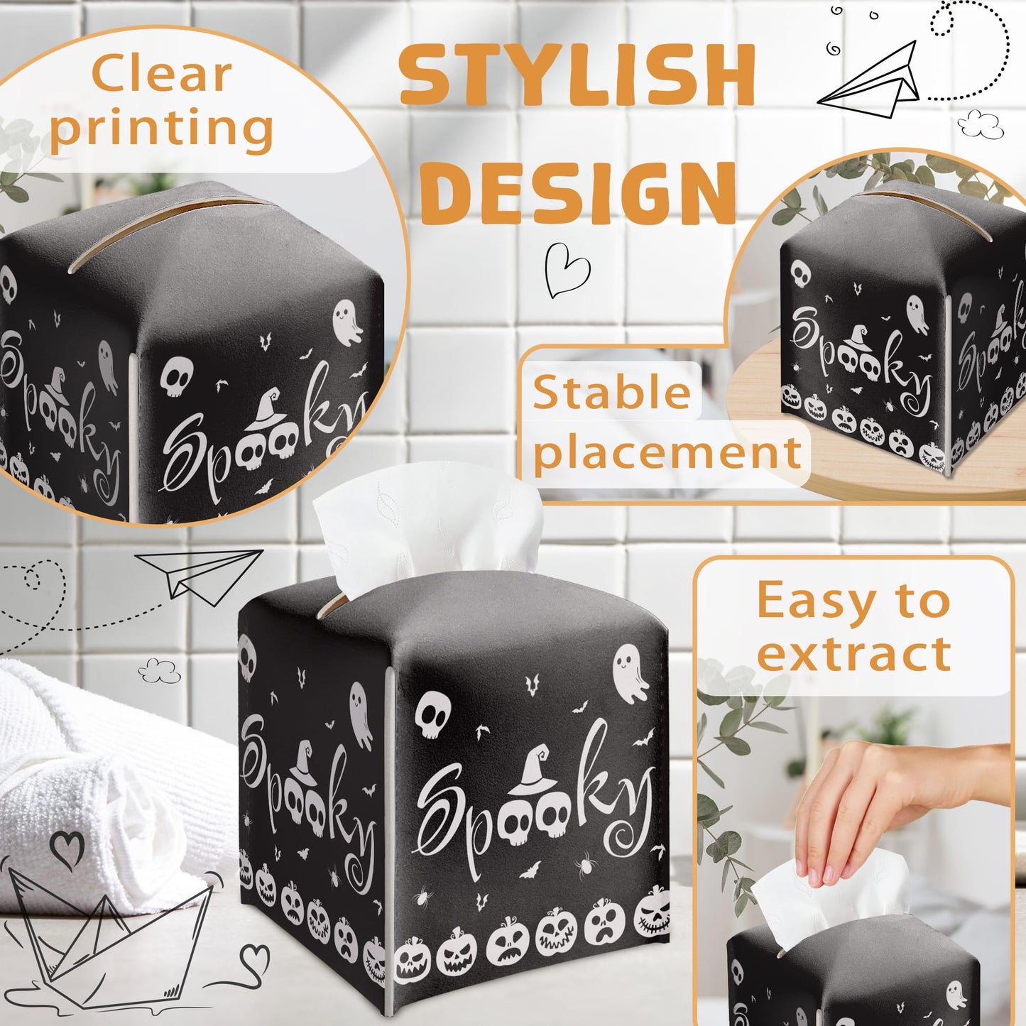 Halloween Tissue Box Holder, Black Spooky Pumpkin Leather Tissue Box Cover Square, Horror Facial Paper Organizer Dispenser Toilet Paper Holder for Bathroom Kitchen Office Home Decor-A10