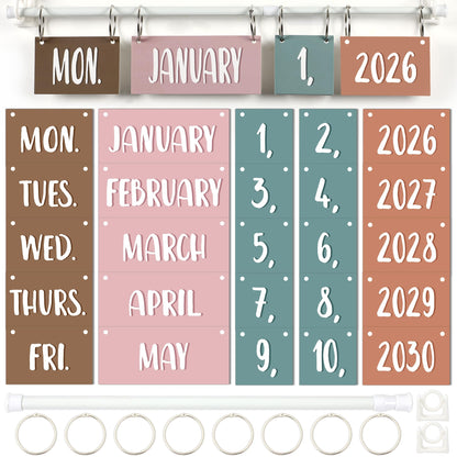 Boho Flip Calendar for Classroom Bulletin Board Set Boho Rainbow Calendar Class Whiteboard Decor with 2026 to 2030 Years Date Cards and Adjustable Rod for Home Elementary School Teacher Supplies