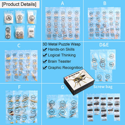 3D Metal Wasp Puzzles for Adults Model Kits Mechanical Puzzle Building Blocks, Difficult DIY Assembly for Men (Steel+Rose Gold)