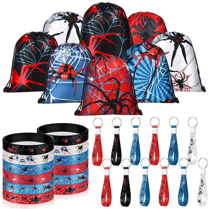 Lothee 32 Pcs Spider Party Favors Spiderweb Birthday Party Decor Drawstring Bag Goodies Bags with Rubber Bracelets Wristlet Keychain for Spiders Supplies Friends Gifts Carnival Accessories(Spiderweb)