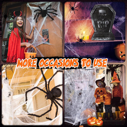 Hiboom Trunk or Treat Halloween Car Decoration Spider and Tombstones Set Including 2 Tombstones 3 Hairy Spiders 60 Little Realistic Spider White Cotton Web Green Cotton Web Spider Egg Sack