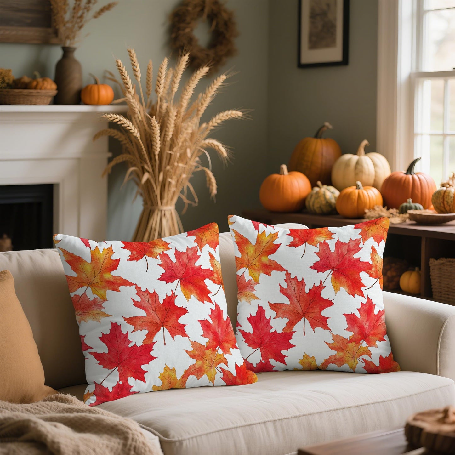 WitHero Fall Throw Pillow Covers 16x16 Inch Set of 2 – Double-Sided Maple Leaf Design on White Linen Pillowcases, Indoor Outdoor Autumn Decorative Cushion Covers for Sofa Couch Bed