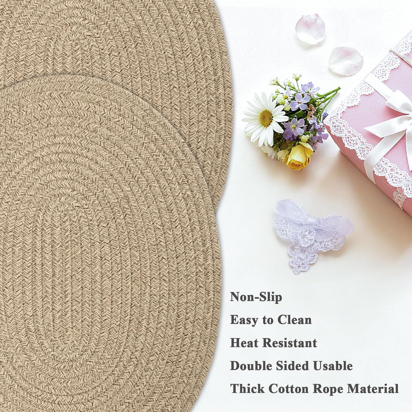 Oval Woven Placemats Set of 6, Boho Cotton Rope Braided Table Mats, 17x13 Inches Non Slip Heat Resistant Place Mats for Dining Room, Thick Hot Pads for Farmhouse Kitchen Table Decor. (Brown)