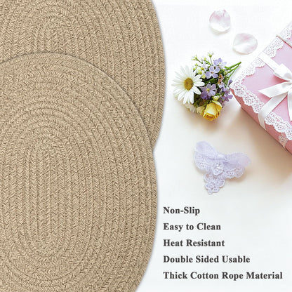 Oval Woven Placemats Set of 6, Boho Cotton Rope Braided Table Mats, 17x13 Inches Non Slip Heat Resistant Place Mats for Dining Room, Thick Hot Pads for Farmhouse Kitchen Table Decor. (Brown)