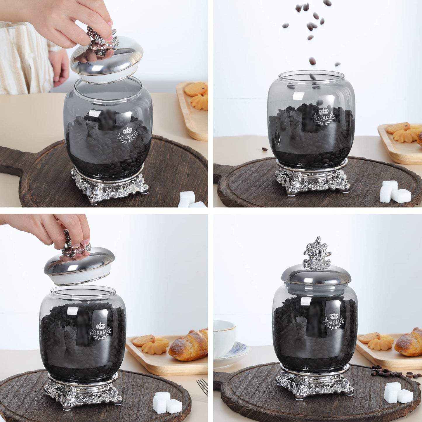 fanquare 35oz Mordern Candy Jar for Buffet, Large Ceramic Cookie Jar with Airtight lid, Silver Coffee Canister for Kitchen Counter, Kitchen Canister