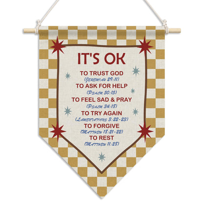 RUKUPA Christian Inspirational Wall Art Decor, Bible Verse Hanging Pennant Flag, Yellow Checkered Motivational Religious Wall Art Poster Hanger for Home Bedroom Kids Nursery Room Decor, 11x15 Inch