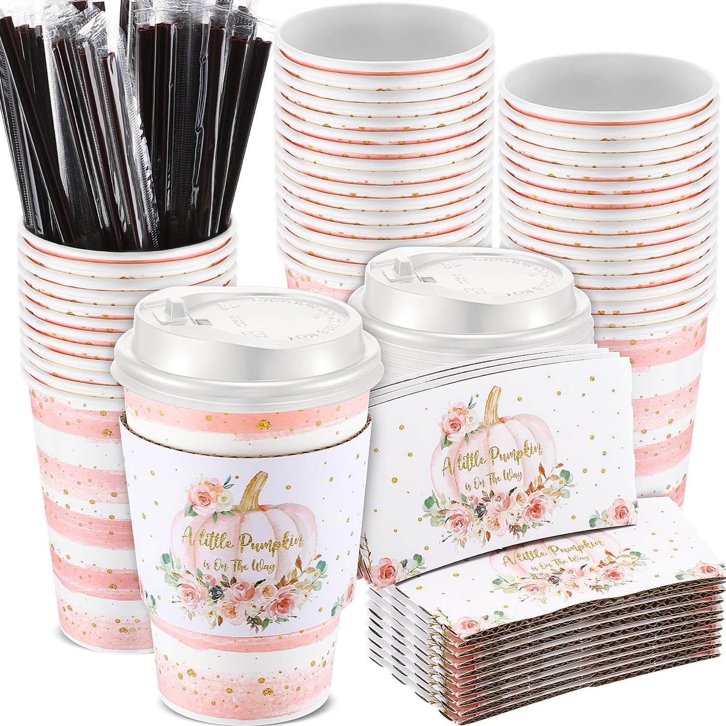 Pickmesh 50 Set 12oz Little Pumpkin Coffee Cups Sets Fall Baby Shower Party Pumpkin Flower Paper Cups with Lids, Sleeves and Stirrers for Autumn Thanksgiving Gender Reveal Party Supplies