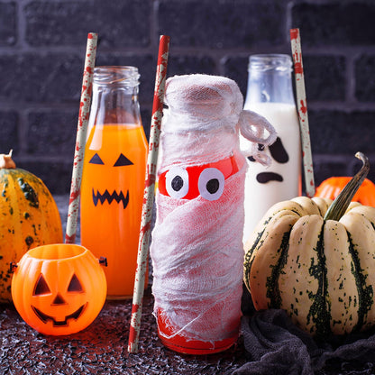 Whaline 200Pcs Halloween Paper Straws - Bloody Handprint Disposable Drinking Straws for Juices, Shakes, Cocktails - Red White Horror Theme Party Supplies Decoration