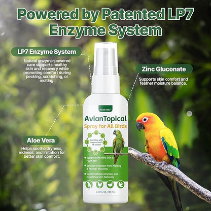 Avian Care Topical Spray for All Birds, Aloe Vera Bird Spray for Dry Itchy Skin, Molting and Feather Stress Support, Gentle Topical Care for Skin Comfort and Healthier Looking Plumage, Daily Use