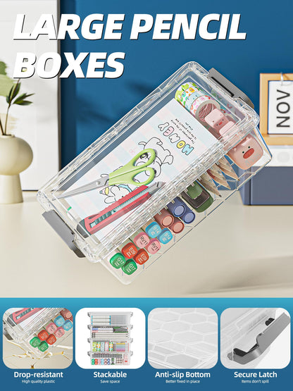 BiuLeon 4 Pack Extra Large Pencil Box, Plastic Pencil Case Organizer, Clear Crayon Box Marker Organizer, Stackable Craft Organizers and Storage for Pen, Craft, Art Supply(Grey)