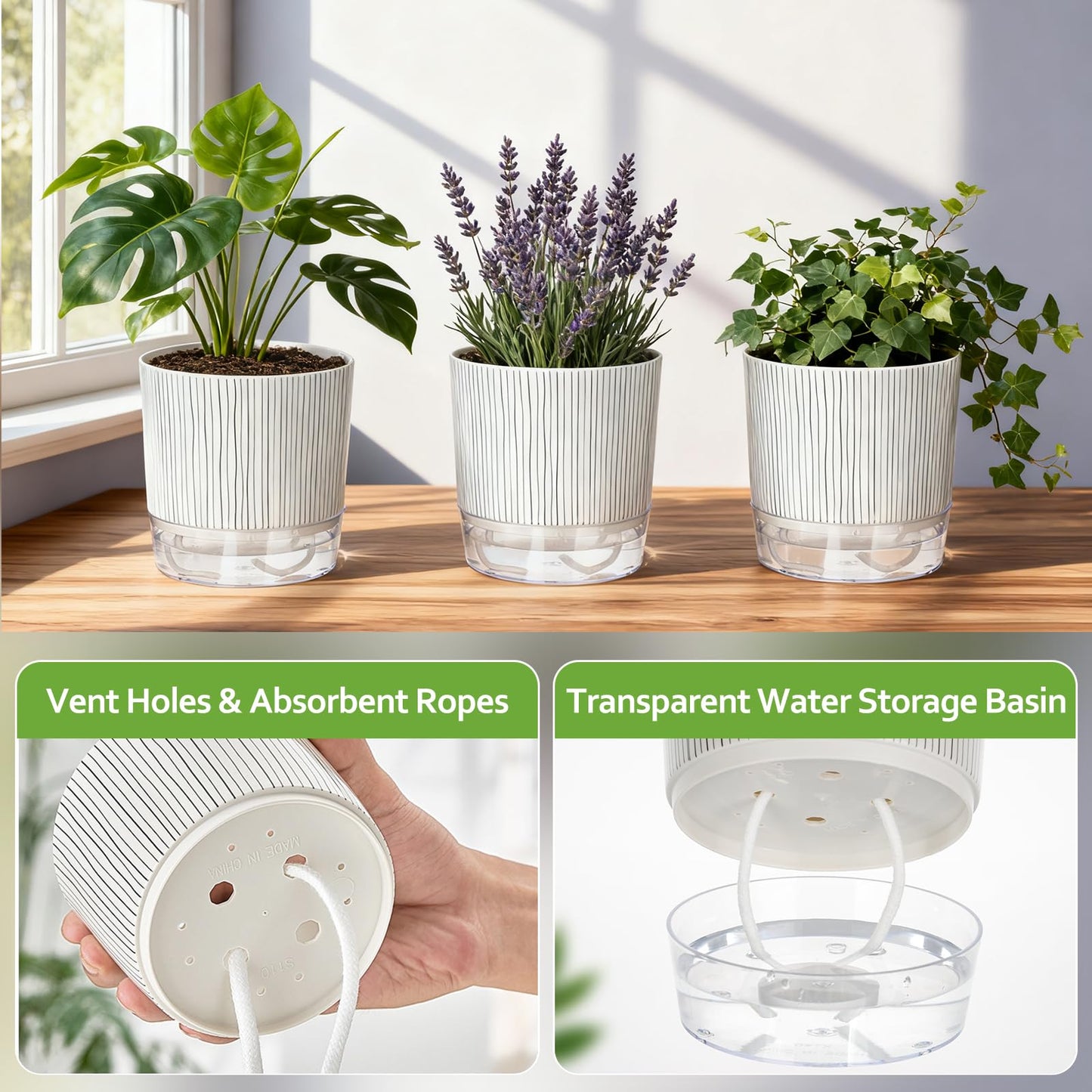 CWYEYE 6 Pack Self Watering Pots for Indoor Plants, Flower Planters with Wick Rope & Reservoir, 4" + 5.5" Plastic Pots for African Violet, Orchid, Succulent, Herbs