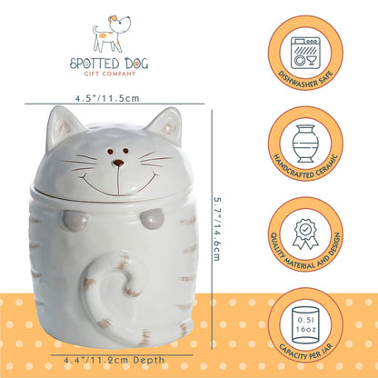 SPOTTED DOG GIFT COMPANY Ceramic Jar with Lid for Countertop, Cat Treat Container, Cute Decorative Kitchen Storage Jar for Tea Coffee Sugar, Gifts for People Who Love Cats, White 16oz