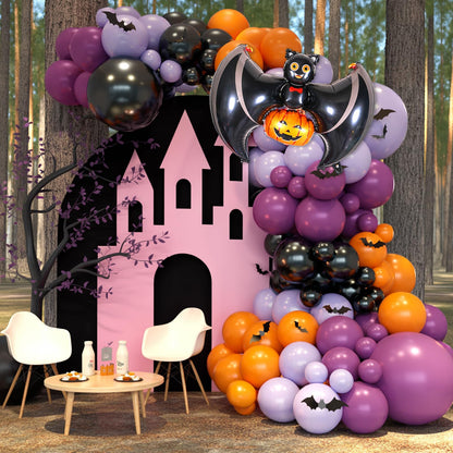 Halloween Balloon Arch Garland, Pink Purple Balloons with Star Cute Ghost Boo Foil Balloon, Metallic Purple Pink Black Latex Balloons Bat Stickers for Kids Girls Birthday Halloween Party Decorations