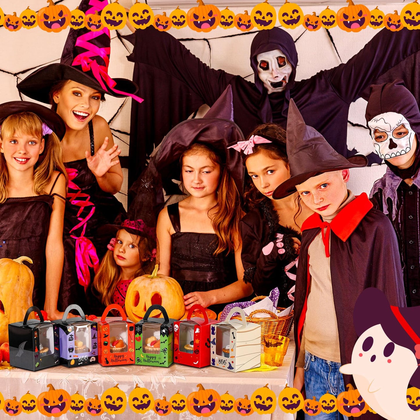 Qeeenar 60 Pieces Halloween Cupcake Boxes Halloween Individual Carriers Party Boxes with Clear Window for Cupcake Candies Gifts Wrap Dessert Table Decoration