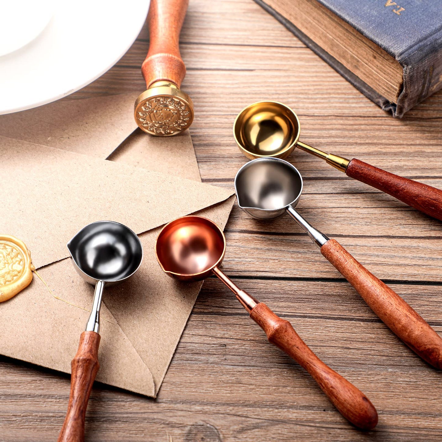 Chengu 6 Pcs Wax Seal Spoon Melting Wax Spoon with Wooden Handle Sealing Stamp Melting Seal Warmer for Sealing Stamp Envelope Craft Wedding Party Invitations