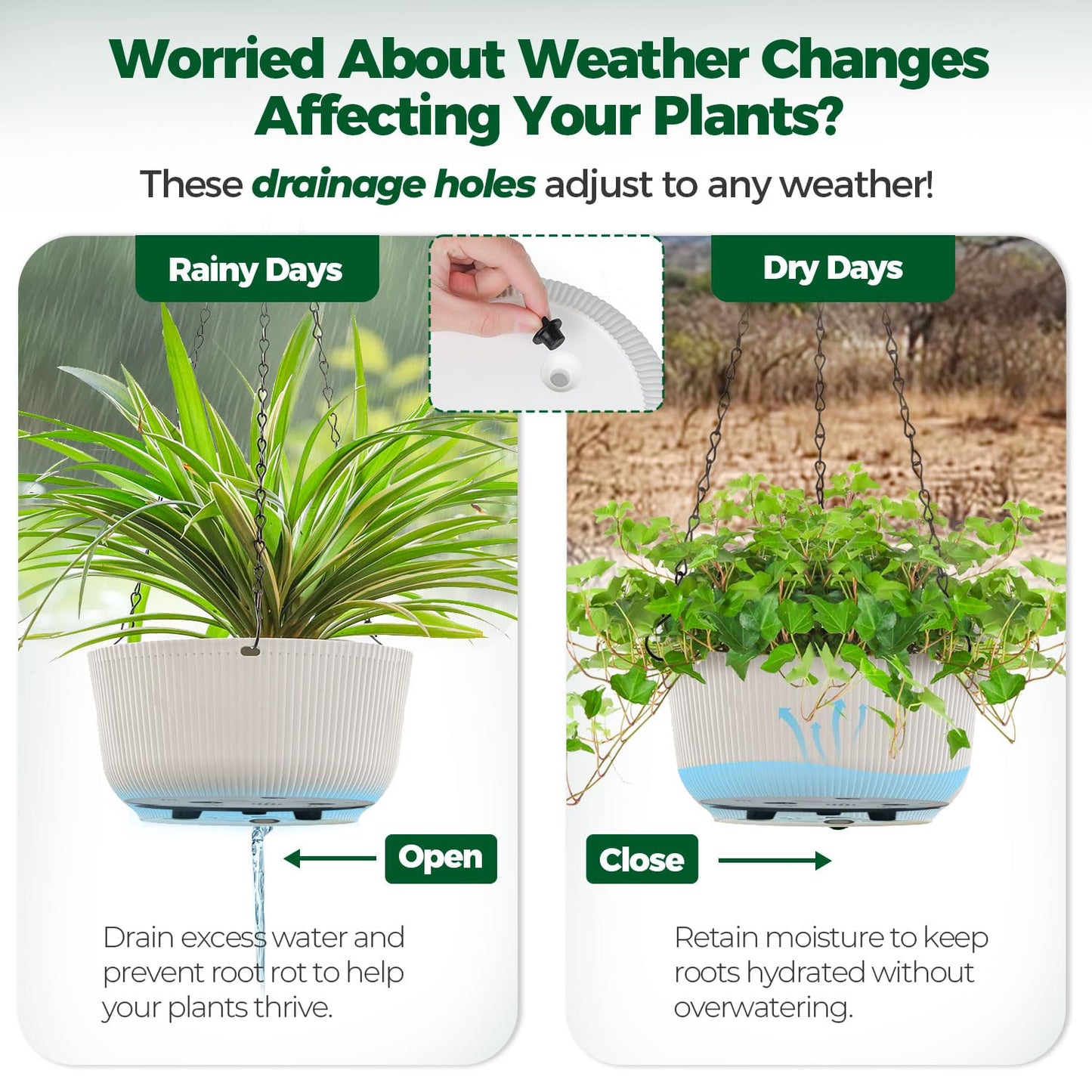 T4U 12 Inch Large Hanging Planters for Indoor Plants, 2 Pack Self Watering Pots Indoor, Hanging Baskets for Plants,Hanging Flower Pot with Drainage Hole and Plant Hanger, White