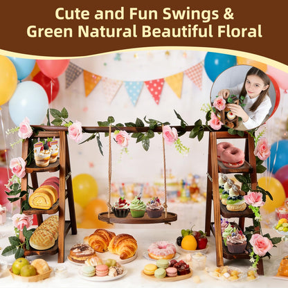 Wooden Cupcake Stand, 3 Tier Dessert Display Serving Tray with Swing and Flower Decoration, Foldable Tiered Ladders Stand for Party, Birthday, Wedding, Baby Shower, Table Food Display for Fruit Bread