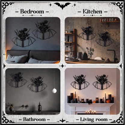 Hushee 2 Pack Gothic Bat Wall Hanging Planter, Gothic Home Decor, Metal Wall Mounted Flower Black Vase Set for Indoor Outdoor Plants Halloween Bat Shape Walls Vase for Dried Flowers Greenery Display