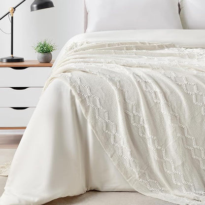 BOURINA Fluffy Chenille Knitted Fringe Throw Blanket Lightweight Soft Cozy for Bed Sofa Chair Throw Blankets, Off White 50" x 60"