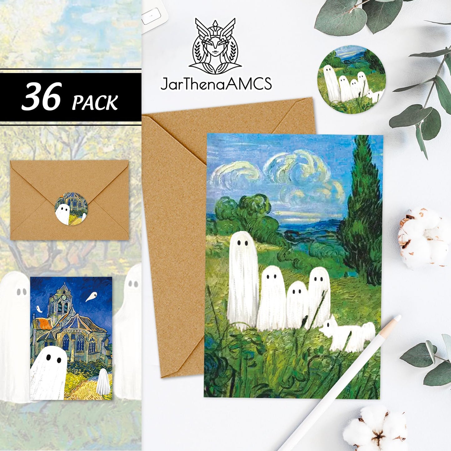 JarThenaAMCS 36 Pcs Halloween Greeting Cards Van Gogh Ghost Blank Note Cards with Envelope Stickers for Party Invitations, 4 x 6 Inch