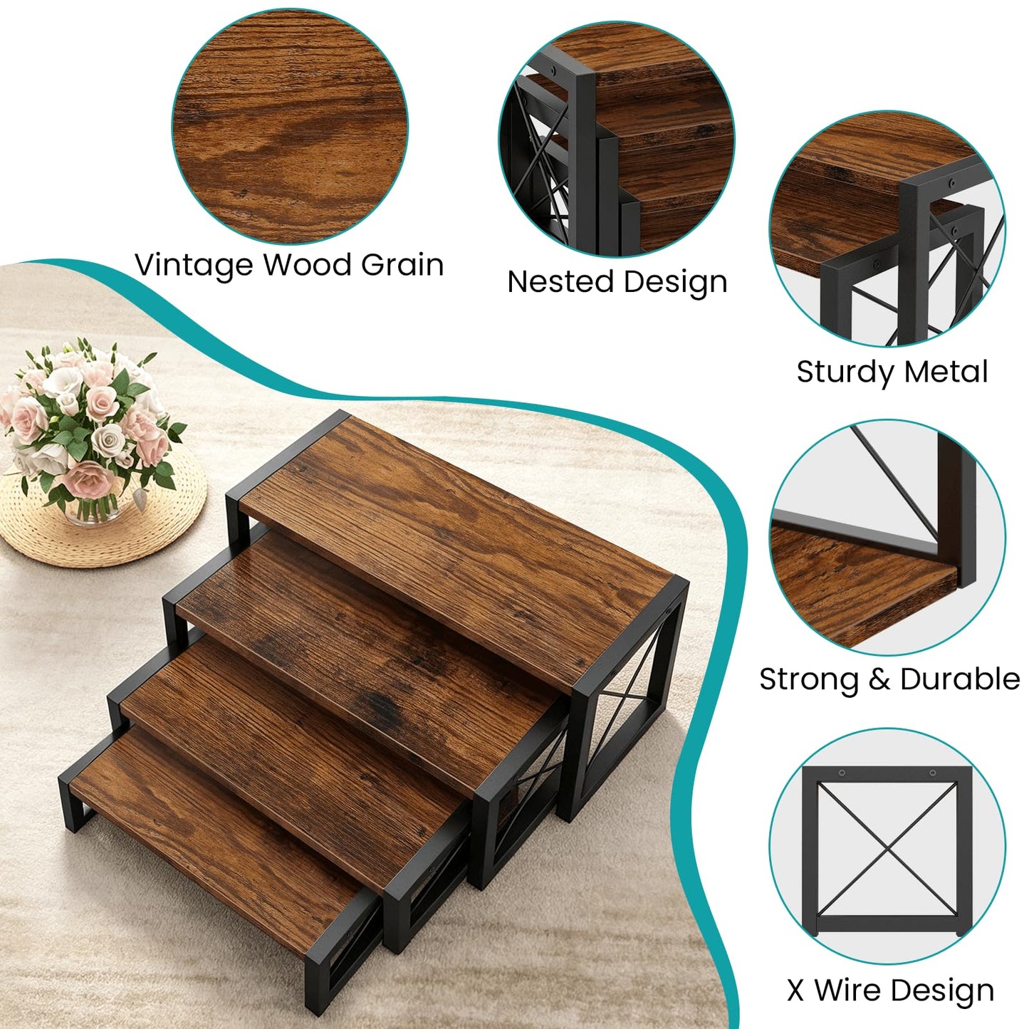 ELITEROO Wood Risers Display Stands Set of 4, Wooden 4 Tier Cupcake Stand, Tiered Riser for Vendors, Decorative Display Risers for Food Desserts Buffet Table at Party Wedding, Rustic Brown