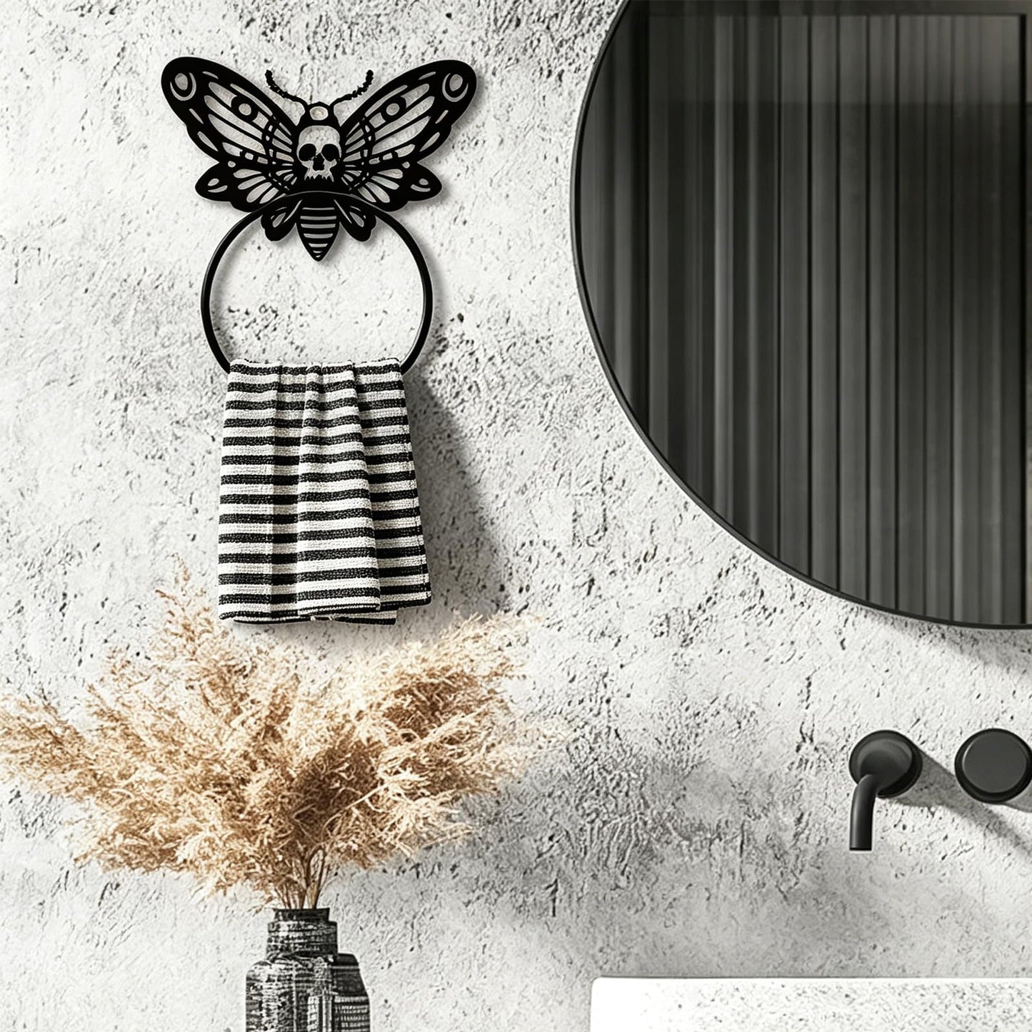 MAYJOYDIY Death Head Moth Metal Towel Ring Halloween Skeleton Insects Towel Holder Bath Towel Ring Black Art Towel Rack for Bathroom Kitchen Towel Hanger Home Decors Gift