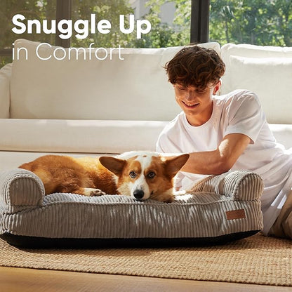 FUKUMARU Cute Dog Bed, Waterproof Corduroy Dogs Couch, 36in Orthopedic Pet Sofa for Medium to Large Dogs Dog, Warm Cotton Pet Bed with Washable Cover, Grey