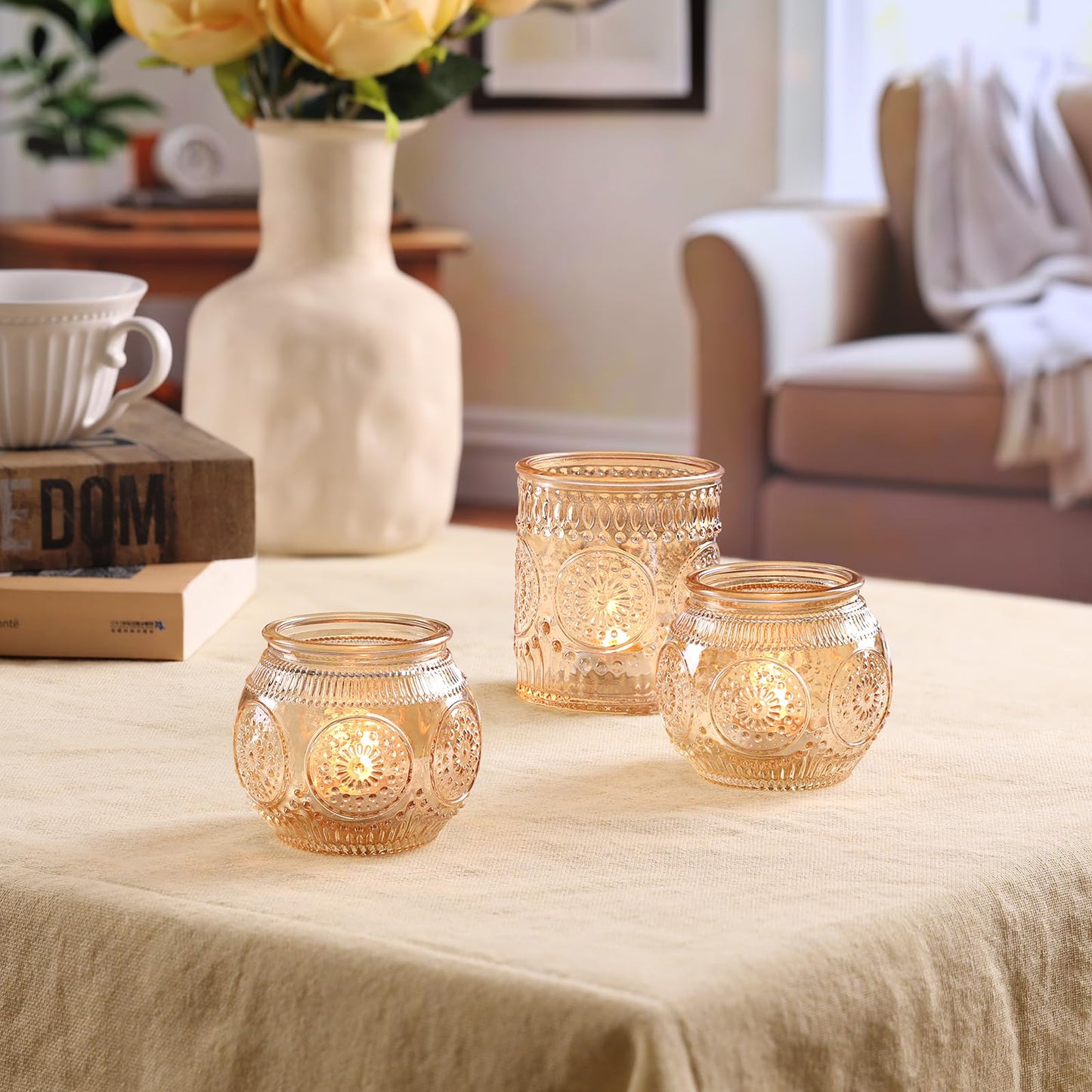 DARJEN Gold Votive Candle Holders- 10Pcs Glass Tealight Candle Holder, Size Upgrade Design for Home Decor, Elegant Candle Holder for Party & Dinner Table Centerpieces, Living Room Decor Gifts