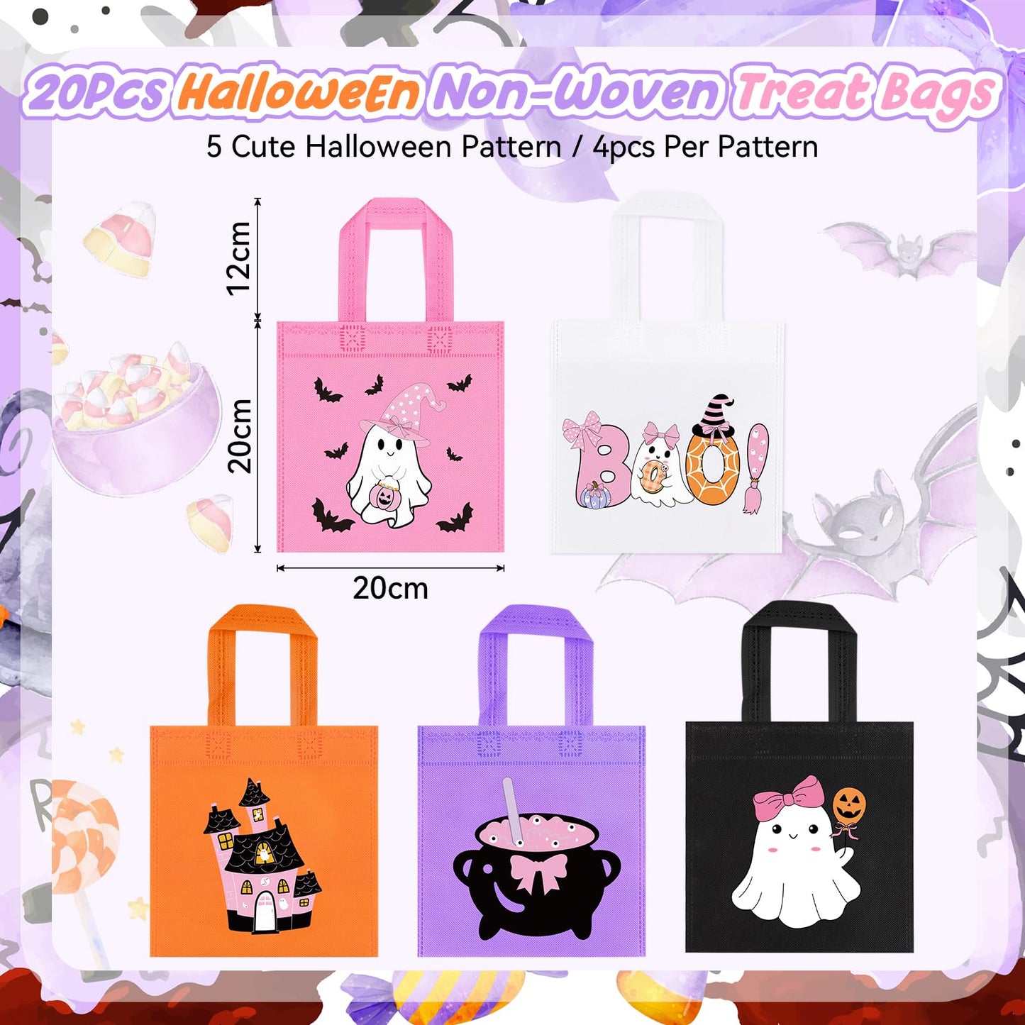 RSCPTOY 20pcs Pink Purple Girl Halloween Treats Bags - Cute Ghost Witch Cauldron NonWoven Candy Bag Gift Tote for Little Boo Baby Shower Party Supplies Summerween Party Decorations