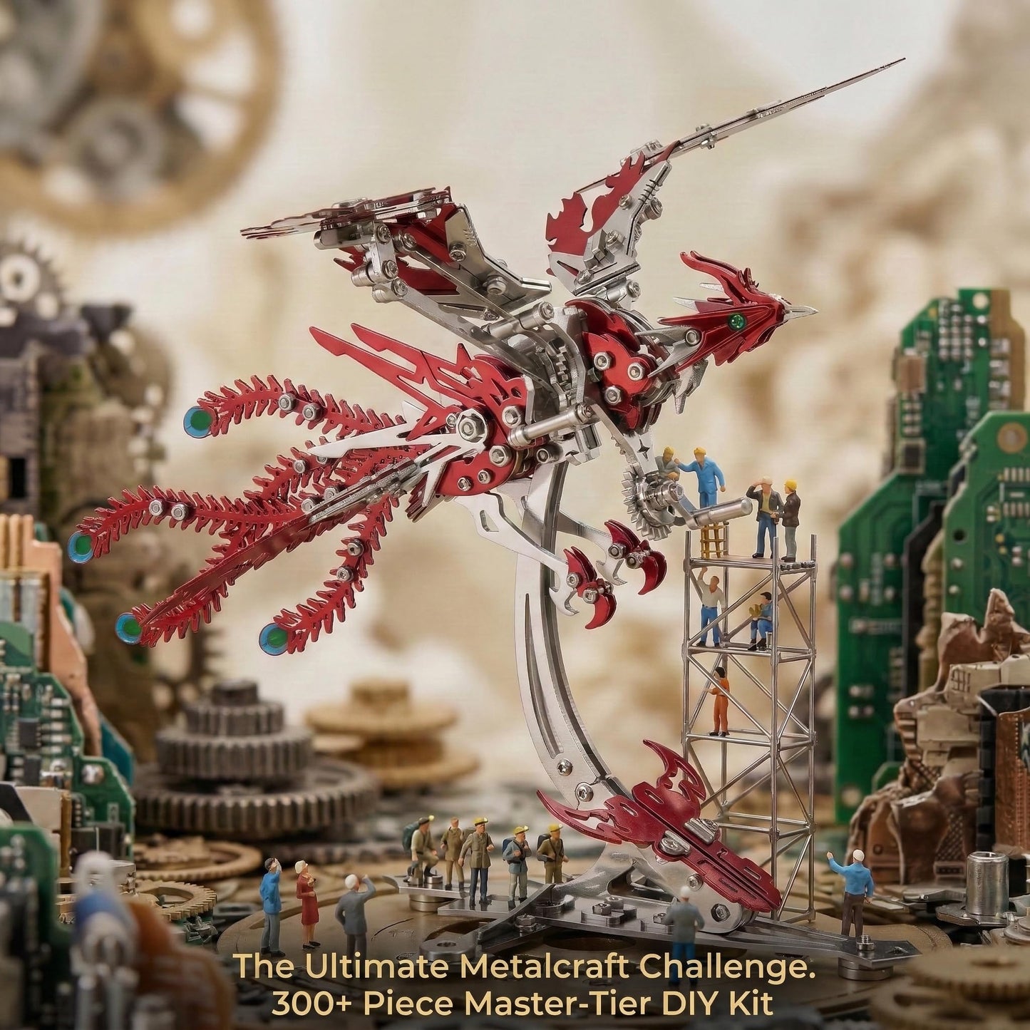 Gold-Plated Metal Phoenix Model Kit - 3D Stainless Steel Mythical Bird Puzzle for Adults - Mechanical Firebird Figurine - Steampunk Kinetic Art Sculpture - Home Decor Gift(Phoenix-Red)