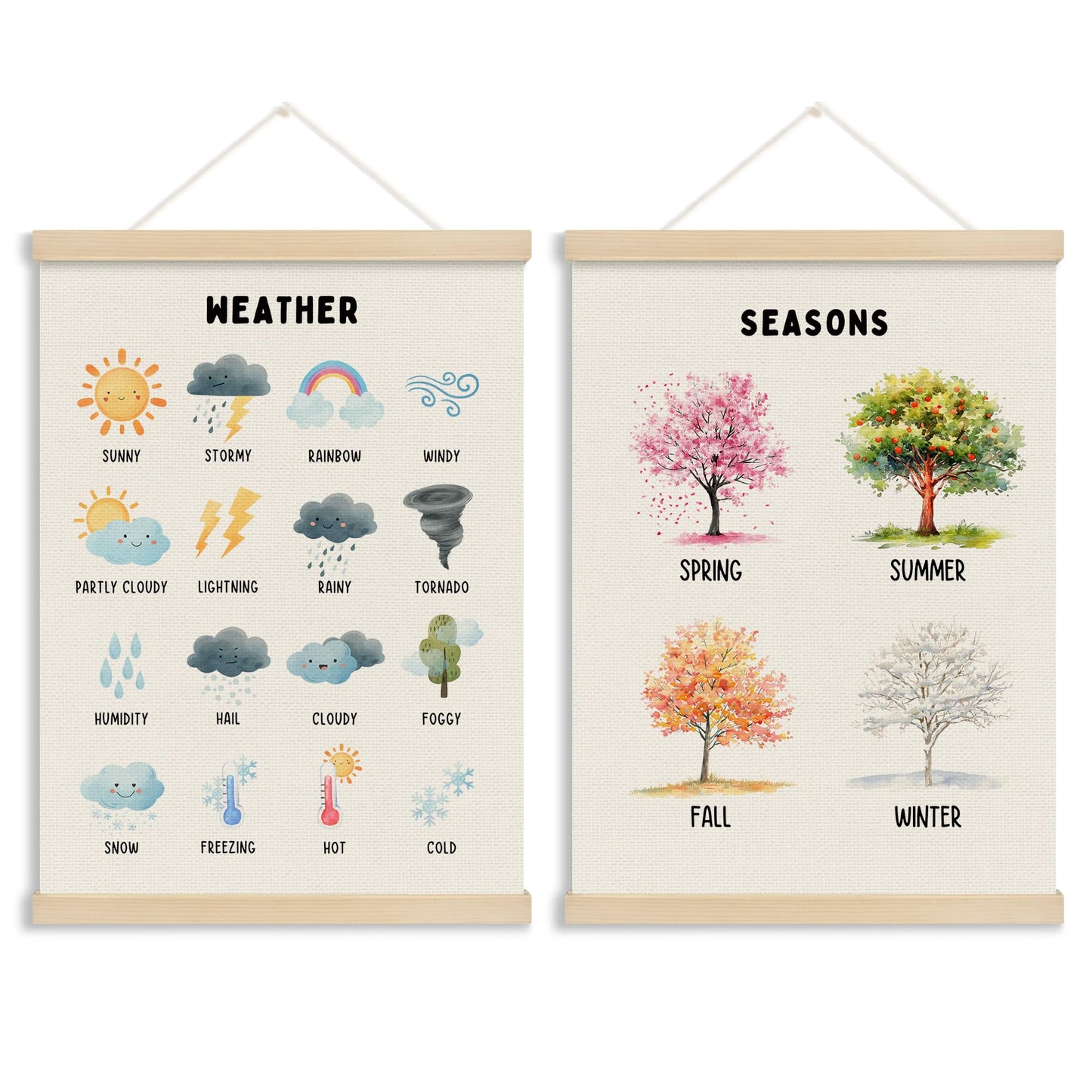 MOTERMATE Weather Four Seasons Educational Poster Hanger Frame, Nursery Wall Hanging Decor Art Framed for Kids Room Bedroom Playroom Classroom, Kids Nursery Wall Poster Prints, 12x16 Inch Set of 2