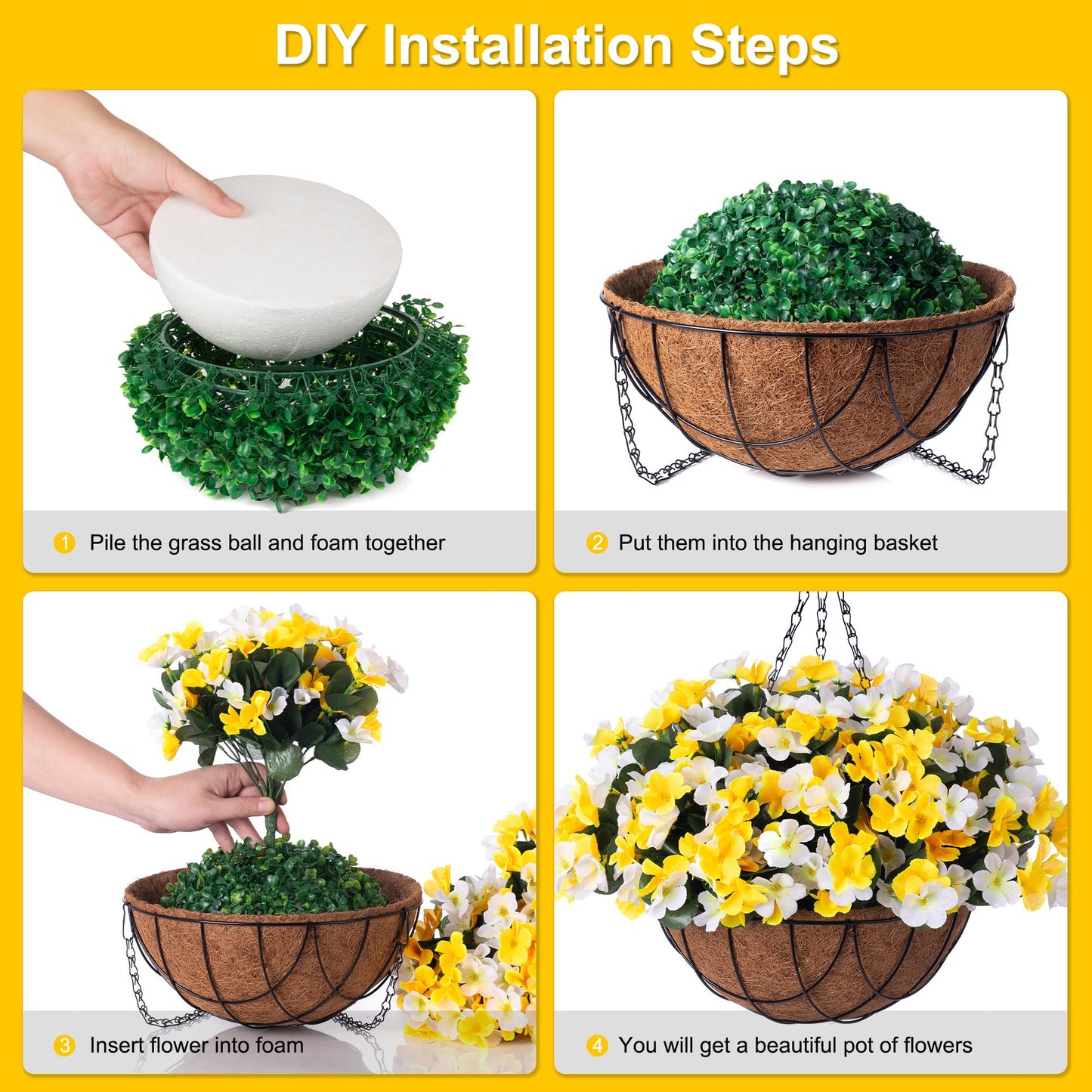 INXUGAO Artificial Hanging Flowers with Basket for Outdoor, Fake Hydrangea UV Resistant Arrangements in Pot Planter Spring Summer Decor for Porch Garden Yard(Yellow White)
